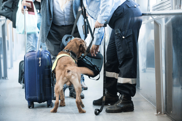 Valutahunden Duke snuser på bagasjen til passasjerar som er på veg ut av eit fly på Oslo lufthavn. Foto: Thomas Haugersveen